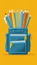 School bag essentials stationery supplies banner design on yellow background for education Royalty Free Stock Photo