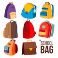 School Bag Set Vector. Different Types, View. Schoolchild, Kids Backpack Icon. Education Sign. Back To School. Isolated Royalty Free Stock Photo