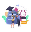 School bag with supplies, students boy and girl, pile of books, flat vector illustration. School and education. Royalty Free Stock Photo