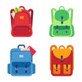 School bags, childish backpacks with stationery and notebooks. Kids colorful rucksacks with different supplies