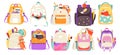 School bags flat icons set. Trendy backpacks with cute accessories. Globe, teddy rabbit, book and pencil