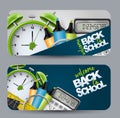 School banner for advertisement, magazine, website. Green alarm clock, highlighters, calculator, spyglass and other education supp