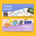 School banner design with stapler, calculator watercolor illustration Royalty Free Stock Photo