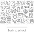 School banner with studying supplies in line art - various elements for study and education. Royalty Free Stock Photo