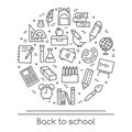 School banner with studying supplies in line art - various elements for study and education process. Royalty Free Stock Photo