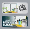 School banners with 3d vector realistic supplies