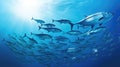 School of bar jack fish gracefully glide in seamless formation through deep blue ocean, Ai Generated Royalty Free Stock Photo