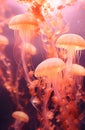 A school of beautiful pink jelly fish swimming underwater