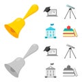 School bell, computer, telescope and school building. School set collection icons in cartoon,monochrome style vector