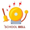 School Bell, Ring Vector. Ringing Classic Electric Bell And Hand Gold Metal Ring Isolated Cartoon Illustration Royalty Free Stock Photo