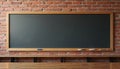 School blackboard on brick wall background. Wooden frame. Chalkboard for education, learning in classroom, teaching at school, Royalty Free Stock Photo