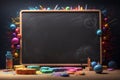 School blackboard, colorful crayons, black surface. Royalty Free Stock Photo