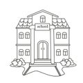 School blackly white with bushes for painting educational establishment on a white background