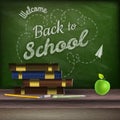 School books and apple against blackboard. EPS 10