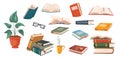 School books. Cartoon education library and notebooks, open and closed books in stacks. Vector isolated set Royalty Free Stock Photo