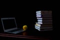 School books on desk, education concept, educate, technology, cat, splash