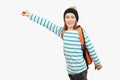 School boy with backpack. Education concept. Back to school. Boy in casual clothes with schoolbag is ready for studing Royalty Free Stock Photo