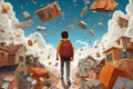 A school boy with backpack is walking through a city with books and items flying around him, neural network generated image Royalty Free Stock Photo