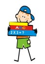 School boy with books, funny vector illustration