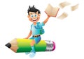 School boy cartoon character riding pencil, holding book