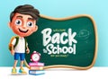 School boy character vector template design. Welcome back to school greeting text in green board Royalty Free Stock Photo