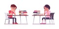 School boy, girl sitting at desk tired with study, work