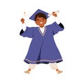 School boy in graduation gown. Happy graduating preschool kid with diploma. African-American child, elementary student