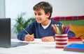 School boy having online classes while sitting at home in quarantine Royalty Free Stock Photo