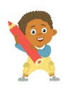 School boy holding big red pencil. Creative kid. Cute cartoon character Royalty Free Stock Photo