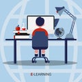 School Boy Learning At Computer Sitting Over Blue Background, Illustration Royalty Free Stock Photo
