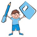 School boy with pen and workbook, funny vector illustration