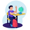 School boy pulls hand. School desk, globe and backpack. Vector illustration in Flat style.