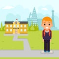 School boy pupil education building student knowledge child flat design vector illustration