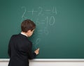 School boy solve math on school board Royalty Free Stock Photo