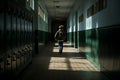 school boy stand alone in corridor