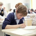 School boy struggling to finish test in class. Royalty Free Stock Photo