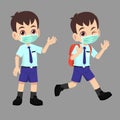 School boy uniform going back to school with facial mask