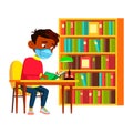 School Boy Wearing Facial Mask In Library Vector