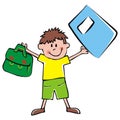 School boy and workbook, funny vector illustration