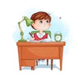 School boy writes homework and is distracted by a flying bee. Vector school character.