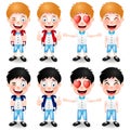 School Boys Character with Different Hand Gestures and Facial Expressions