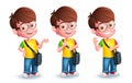 School boys character vector set design. Back to school young smart boy in standing and waving poses.