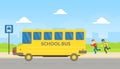 School Boys Running to Yellow School Bus at Bus Stop Cartoon Vector Illustration Royalty Free Stock Photo