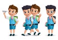 School boys vector character set. Student kids holding school items walking and talking