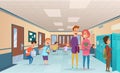 School break. Trouble pupils and students disorganized at school break in corridor vector cartoon characters Royalty Free Stock Photo