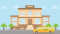 School building, school bus flat style, back to school concept, Royalty Free Stock Photo