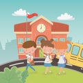 School building and bus with kids in the landscape scene Royalty Free Stock Photo