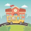 School building and bus with kids in the landscape scene Royalty Free Stock Photo