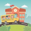 School building and bus with kids in the landscape scene Royalty Free Stock Photo