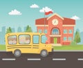 School building and bus with kids in the landscape scene Royalty Free Stock Photo